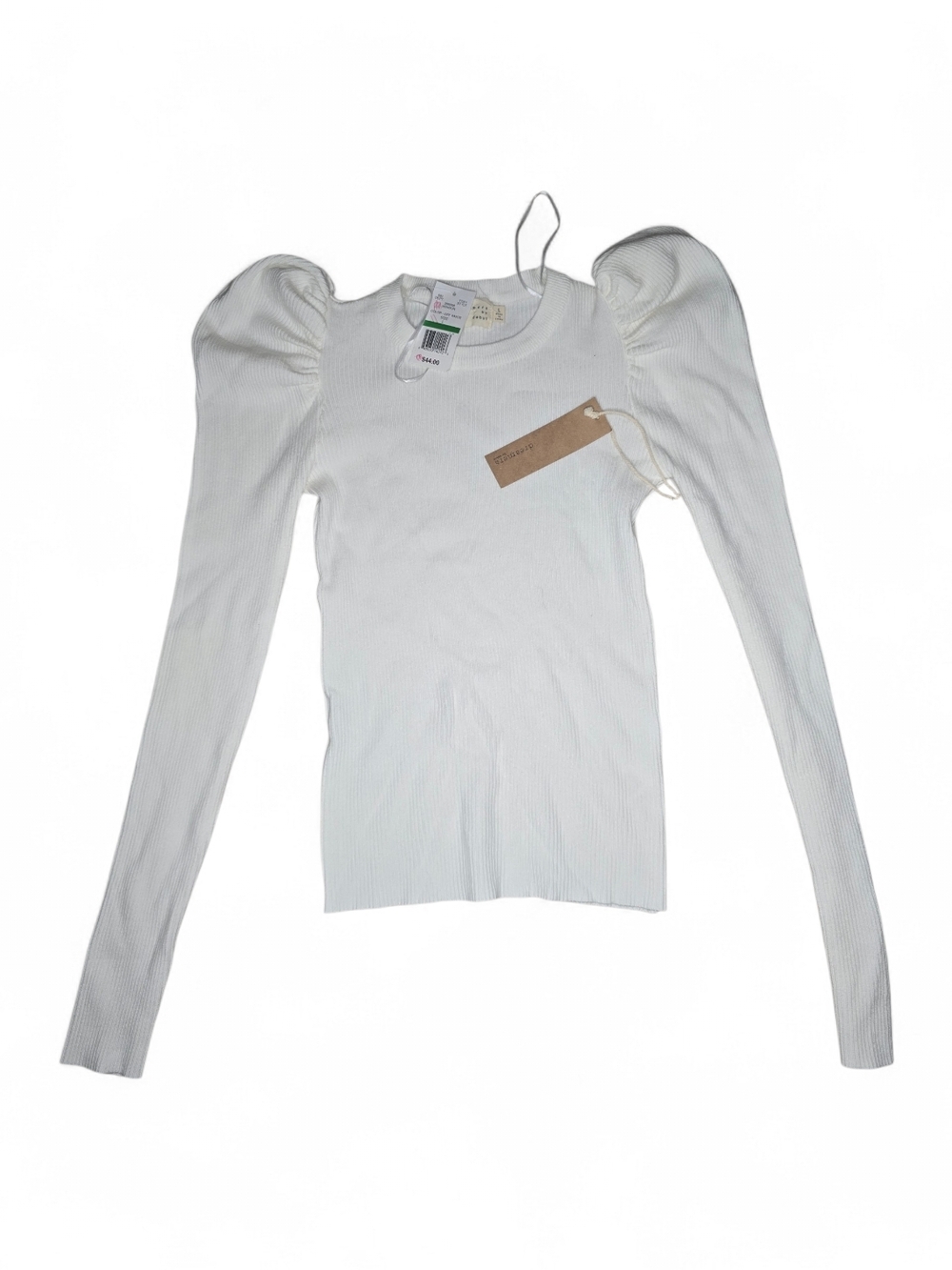 Dreamers White Ribbed Puff-Sleeve Long Sleeve Top